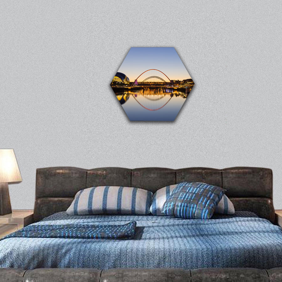 Tyne bridges reflected in the river at twilight hexagonal canvas wall art