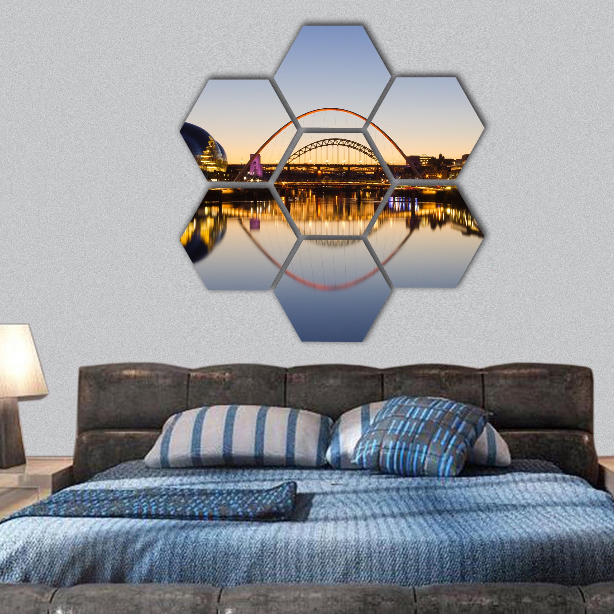 Tyne bridges reflected in the river at twilight hexagonal canvas wall art