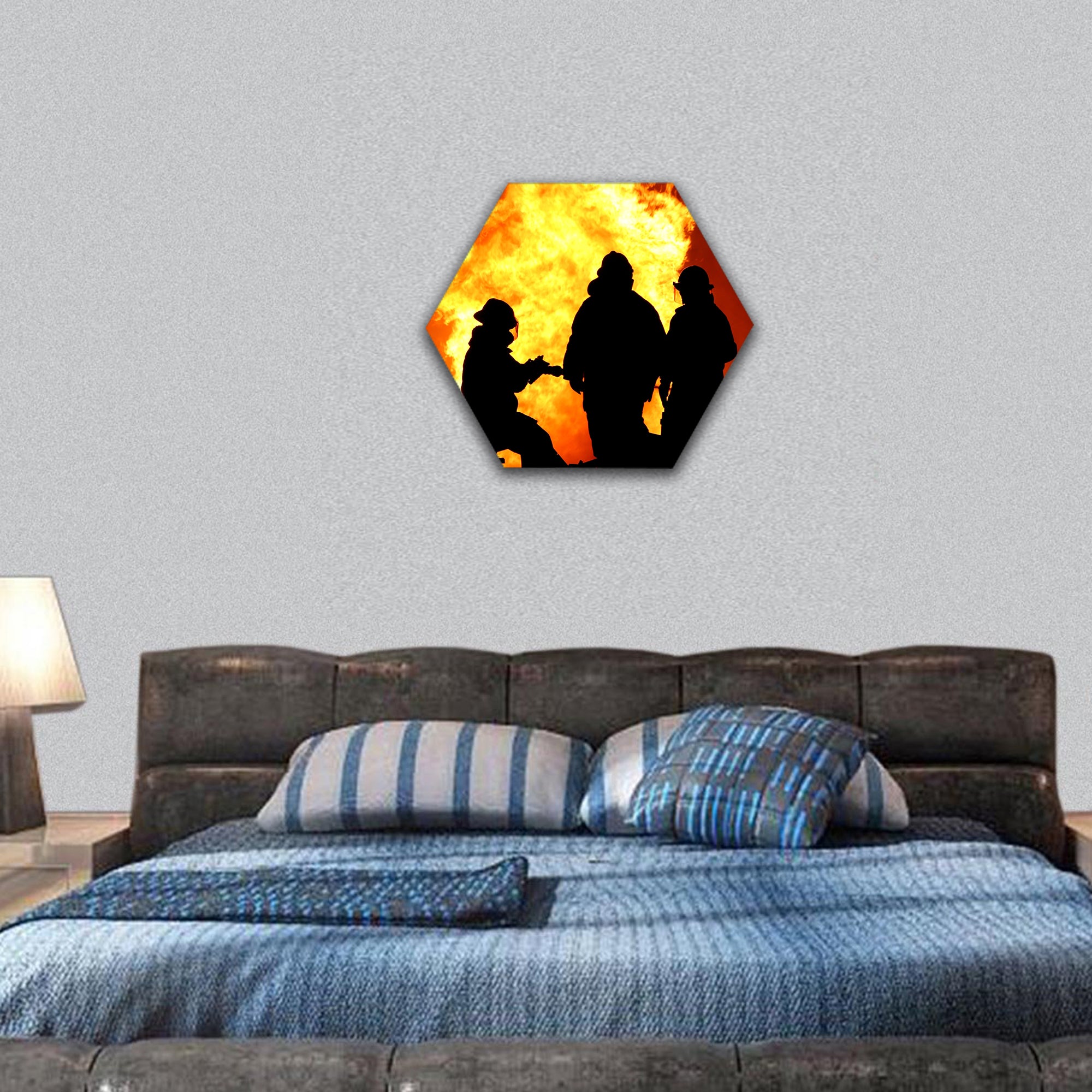 Firemen fighting a raging fire with huge flames hexagonal canvas wall art