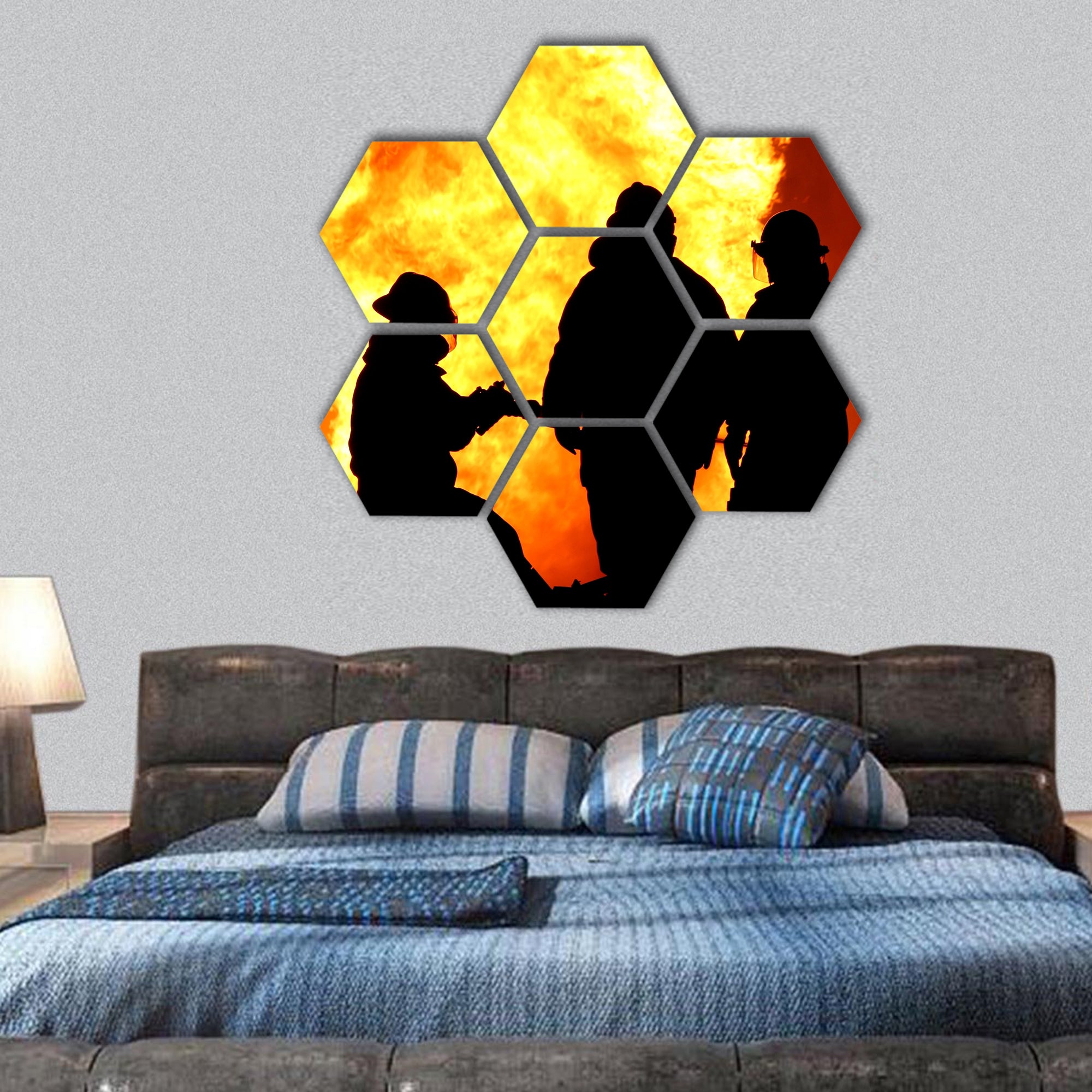 Firemen fighting a raging fire with huge flames hexagonal canvas wall art