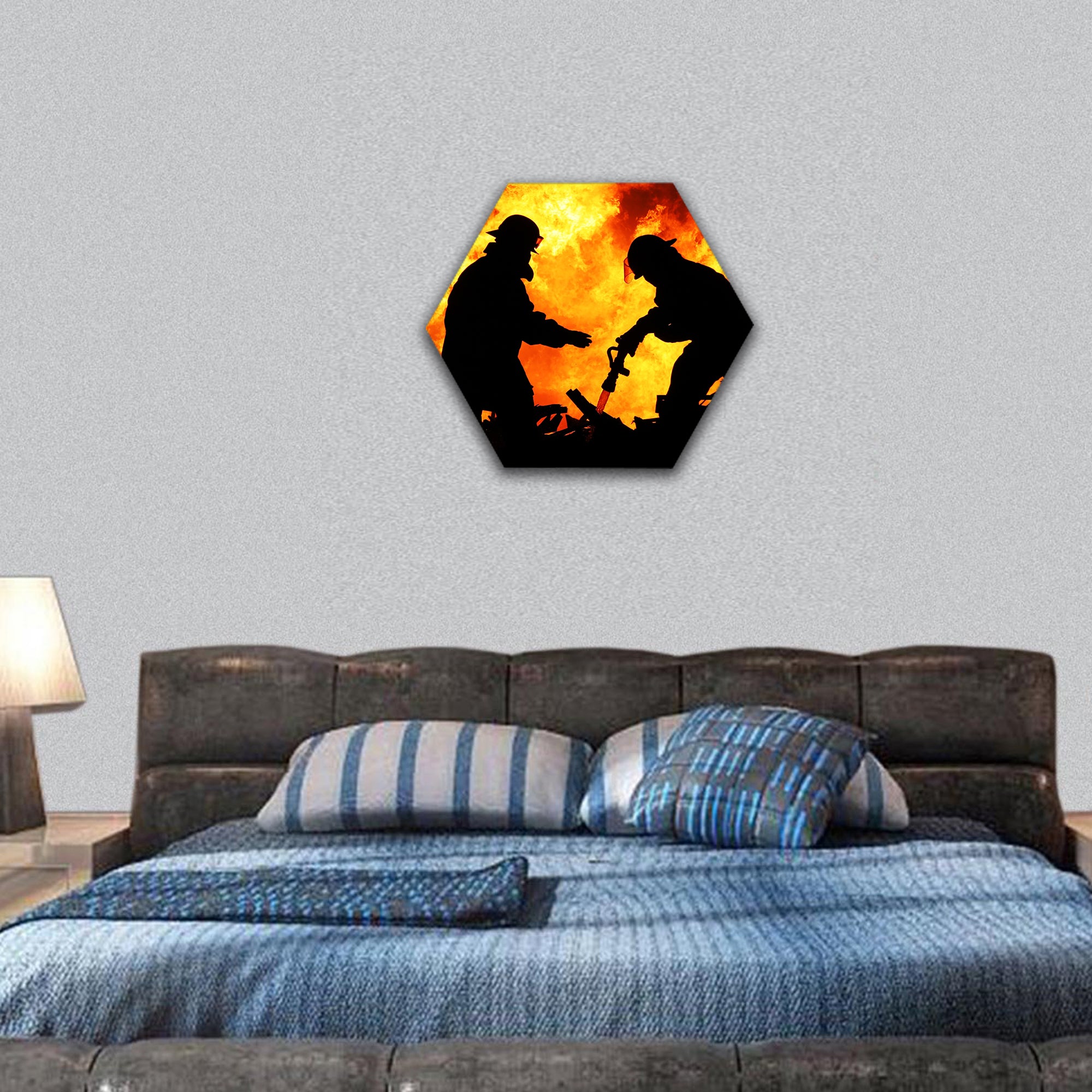 Silhouette of Firemen fighting hexagonal canvas wall art