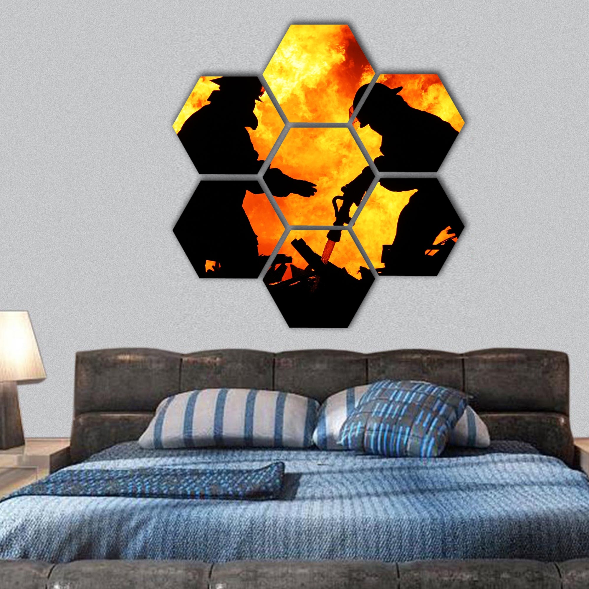 Silhouette of Firemen fighting hexagonal canvas wall art
