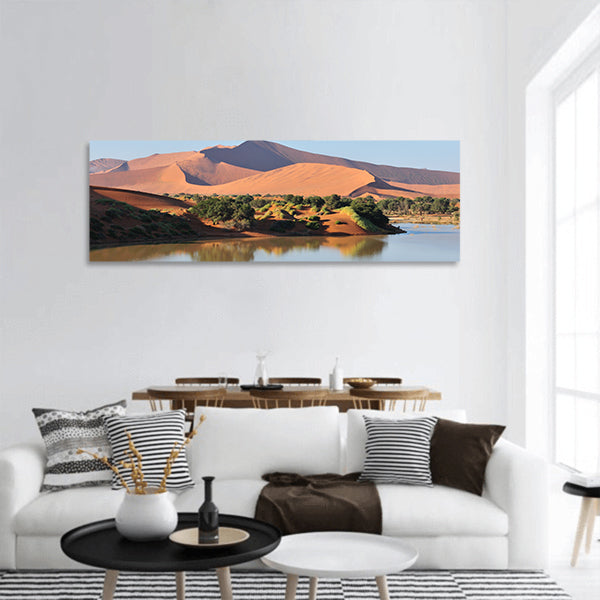 A flooded Sossusvlei in the Namib Desert panoramic canvas wall art