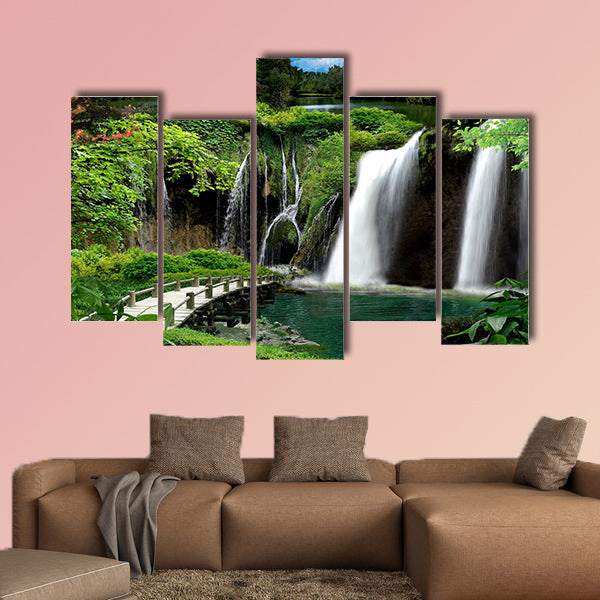 Cave with waterfalls and streams multi panel canvas wall art