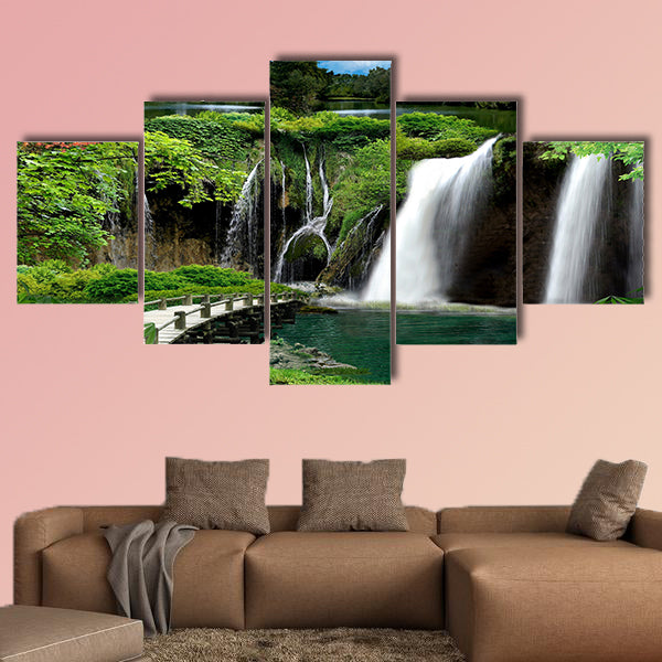 Cave with waterfalls and streams multi panel canvas wall art