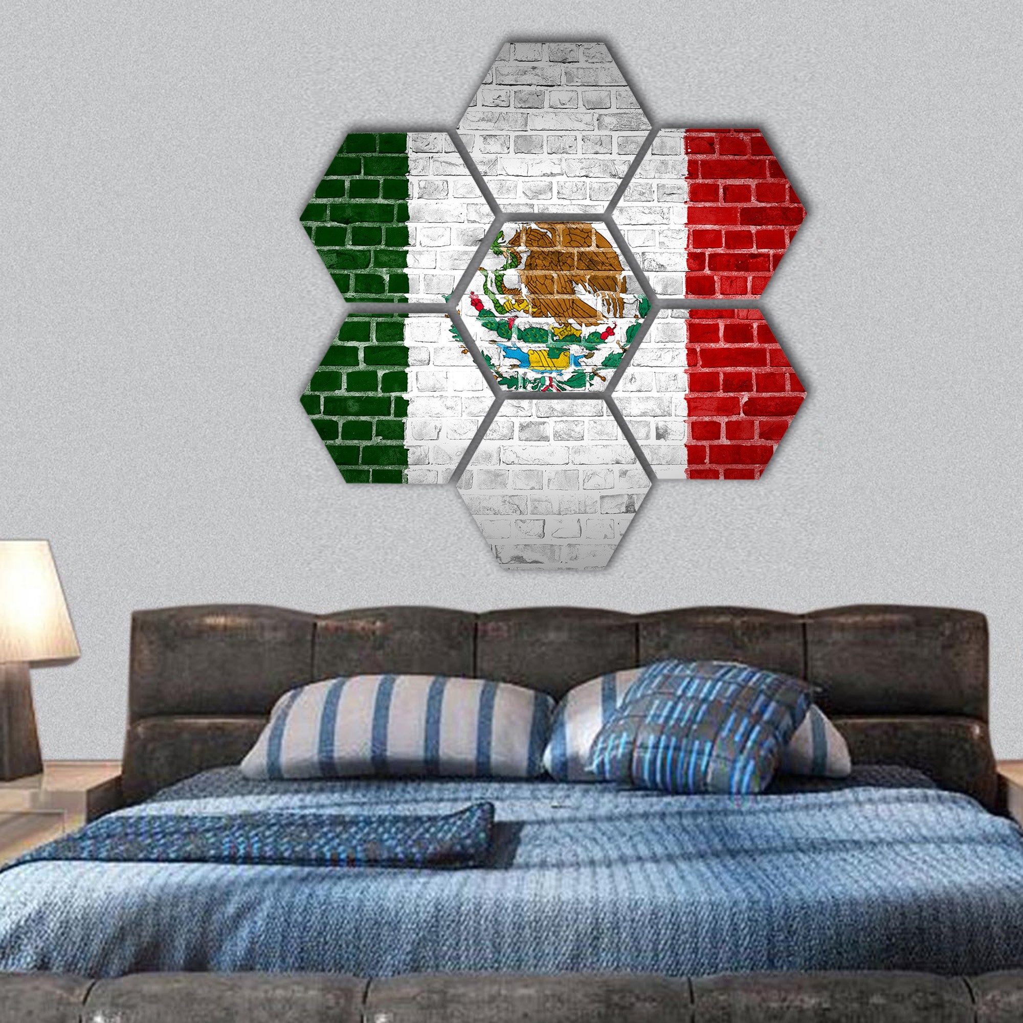 Mexico flag painted on a brick wall hexagonal canvas wall art