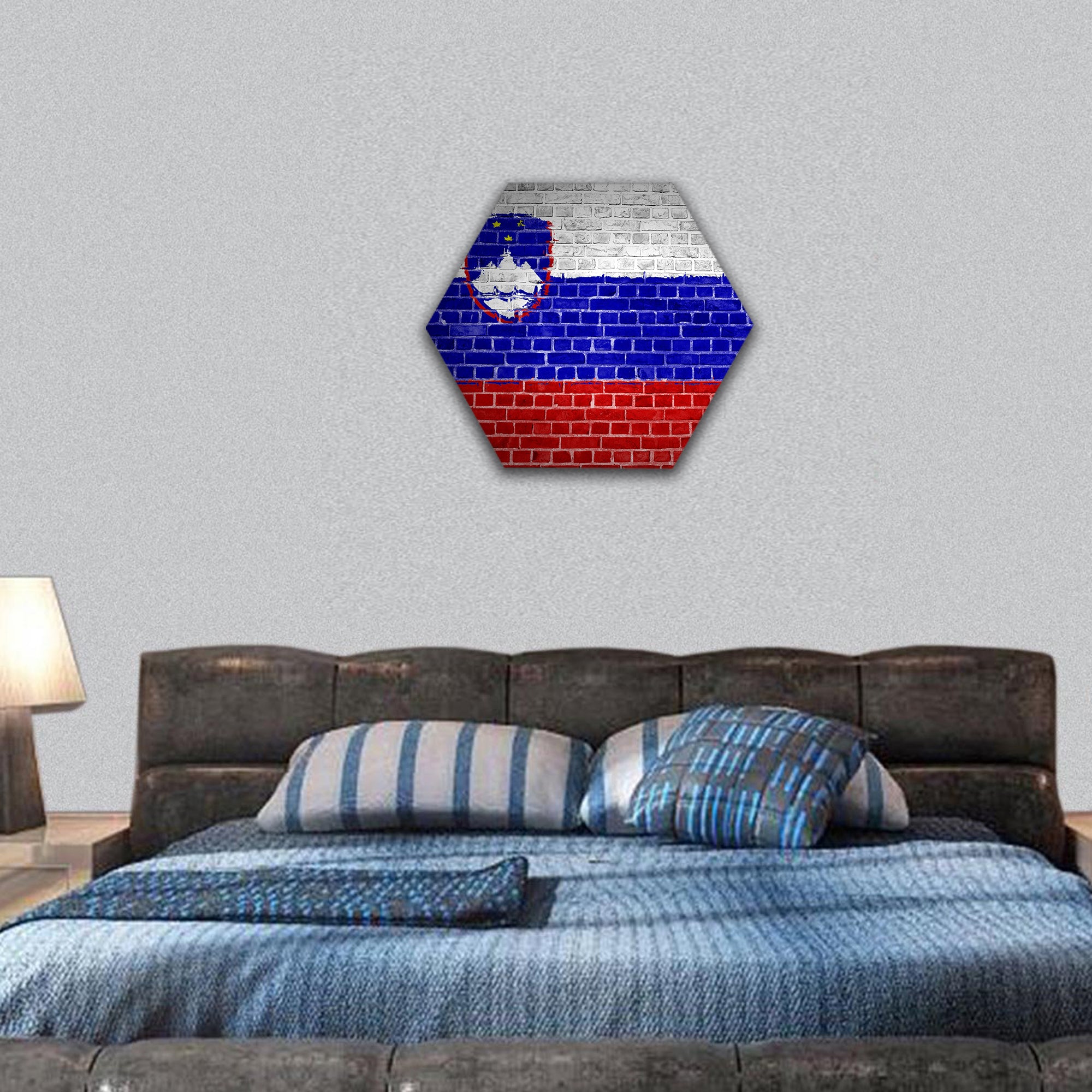 Slovenia flag painted on a brick wall hexagonal canvas wall art