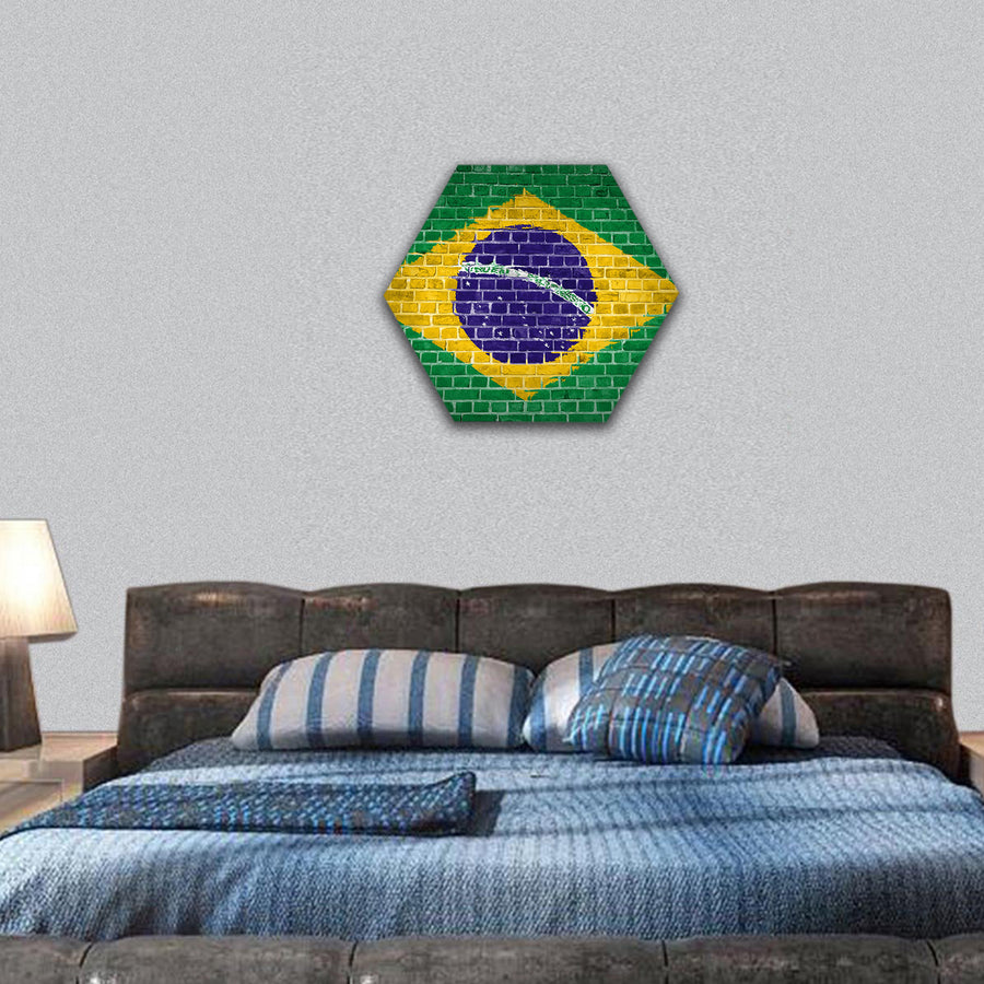 Brazil flag painted on a brick wall hexagonal canvas wall art