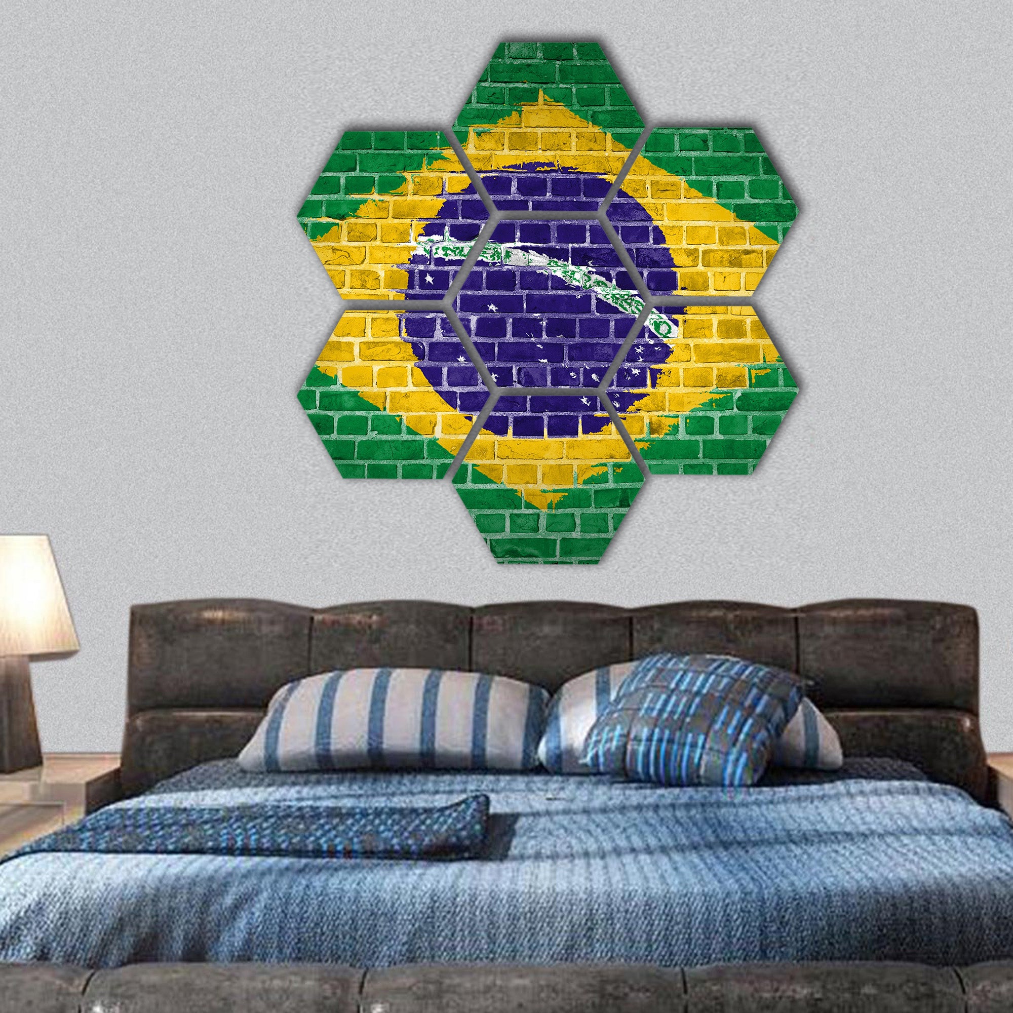 Brazil flag painted on a brick wall hexagonal canvas wall art