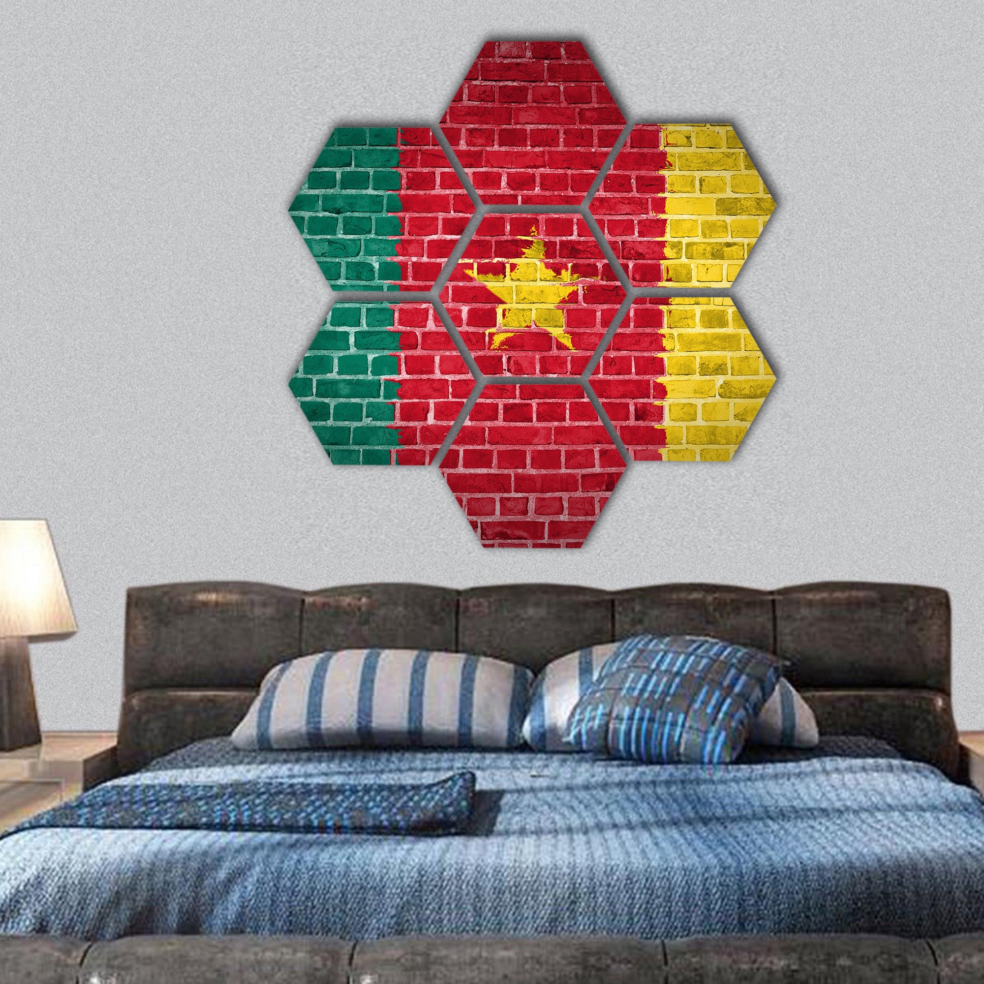 Cameroon flag painted on a brick wall hexagonal canvas wall art