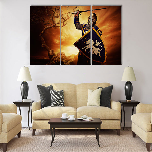 Medieval knight over stormy sky Multi panel canvas wall art
