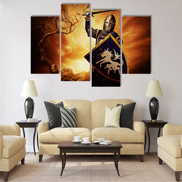 Medieval knight over stormy sky Multi panel canvas wall art