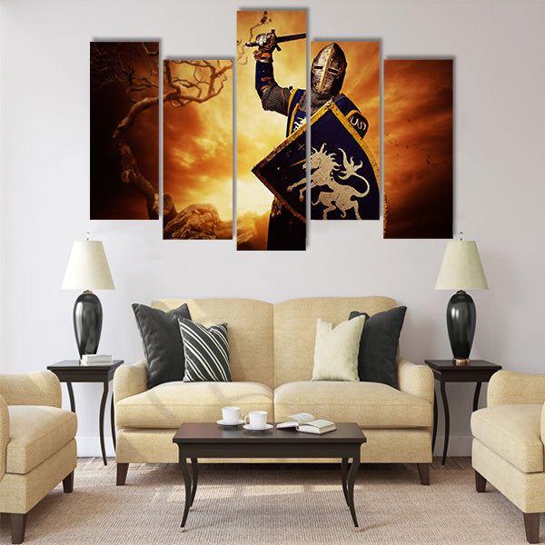 Medieval knight over stormy sky Multi panel canvas wall art