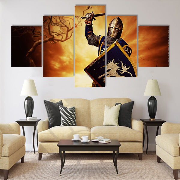 Medieval knight over stormy sky Multi panel canvas wall art