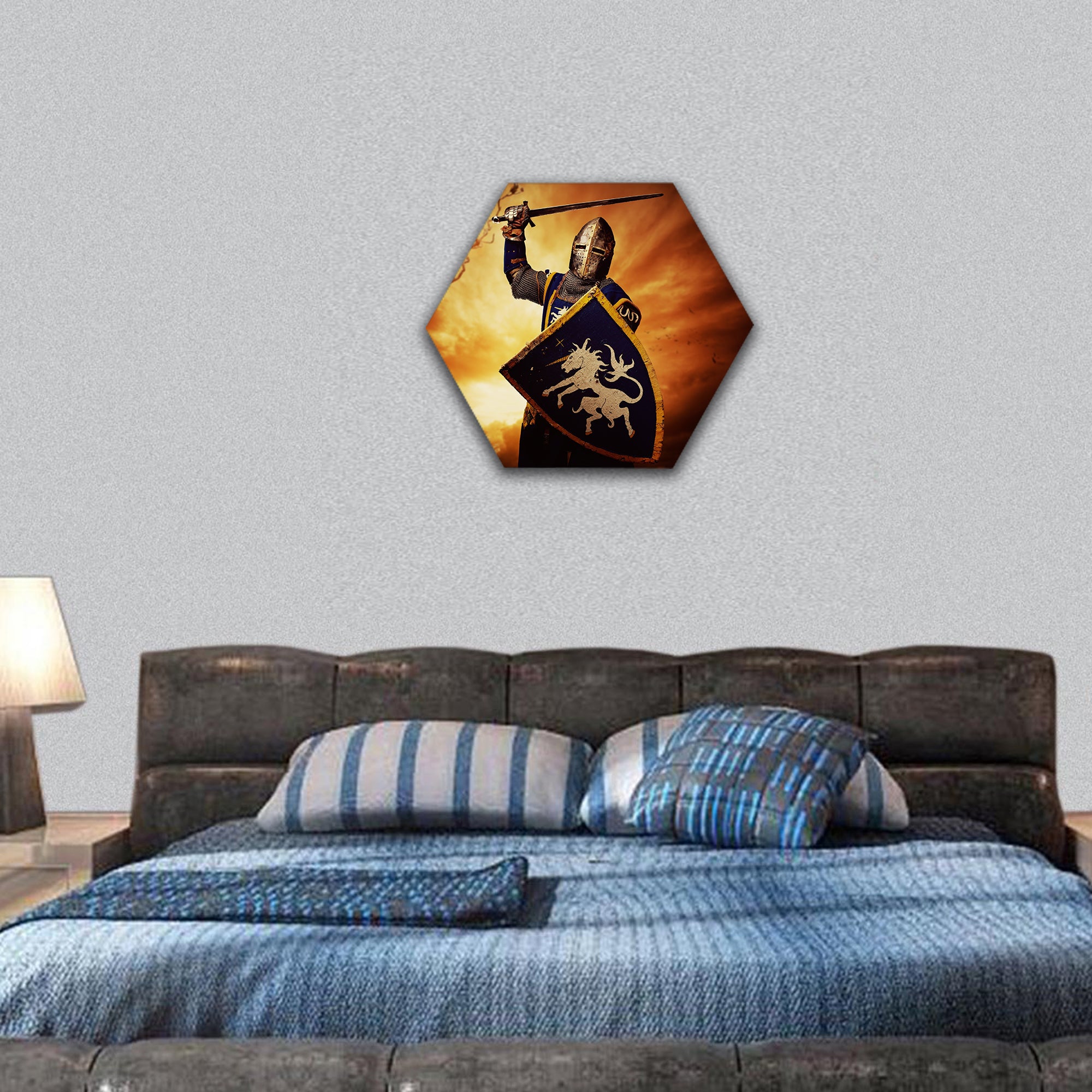 Medieval knight over stormy sky hexagonal canvas wall art