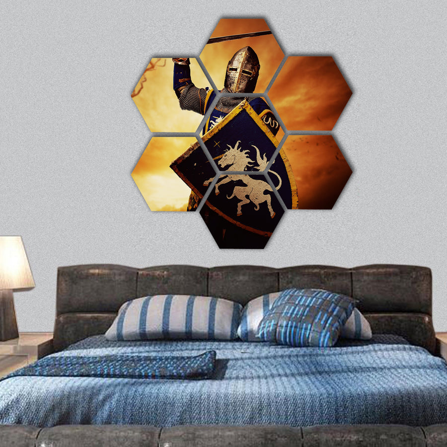 Medieval knight over stormy sky hexagonal canvas wall art