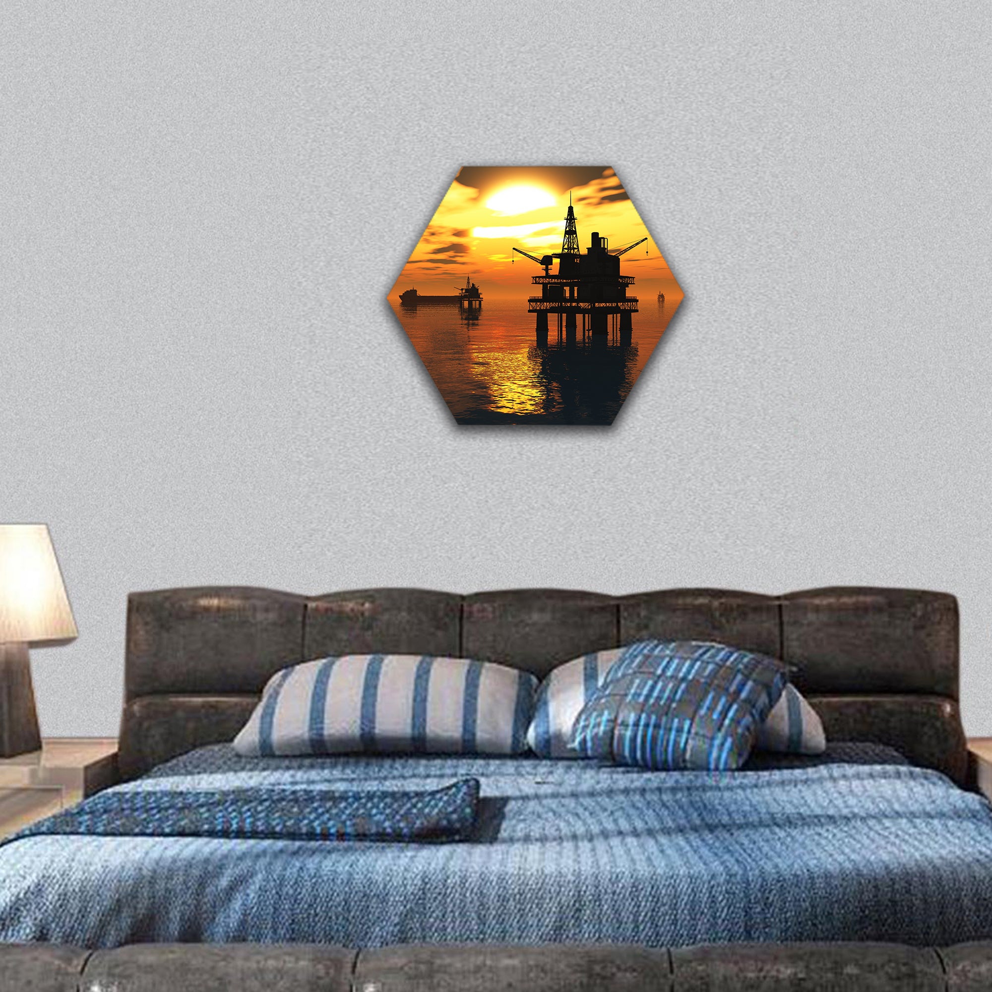 Oil Platform and Tanker in the Sea Sunset hexagonal canvas wall art
