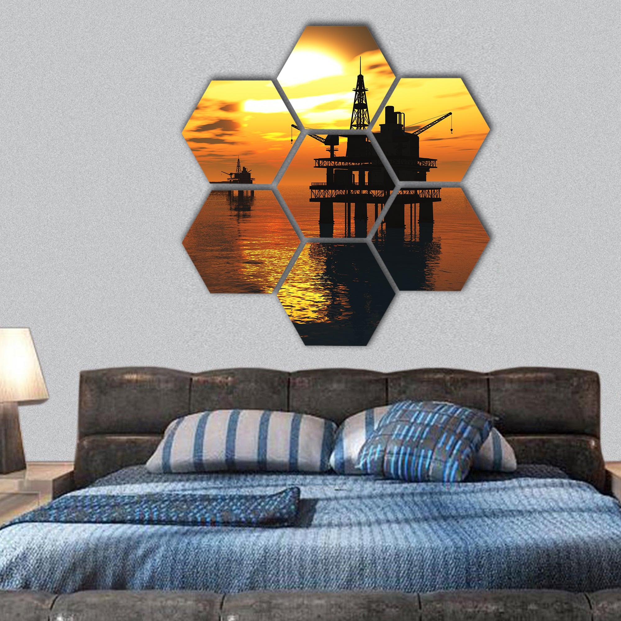 Oil Platform and Tanker in the Sea Sunset hexagonal canvas wall art