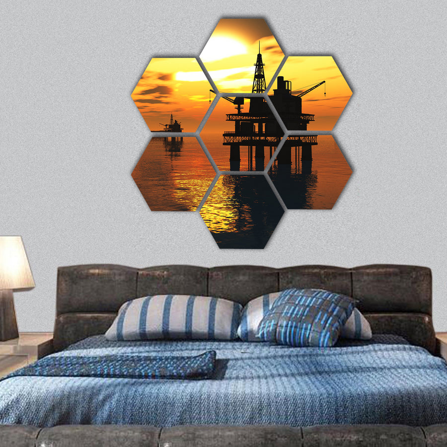 Oil Platform and Tanker in the Sea Sunset hexagonal canvas wall art