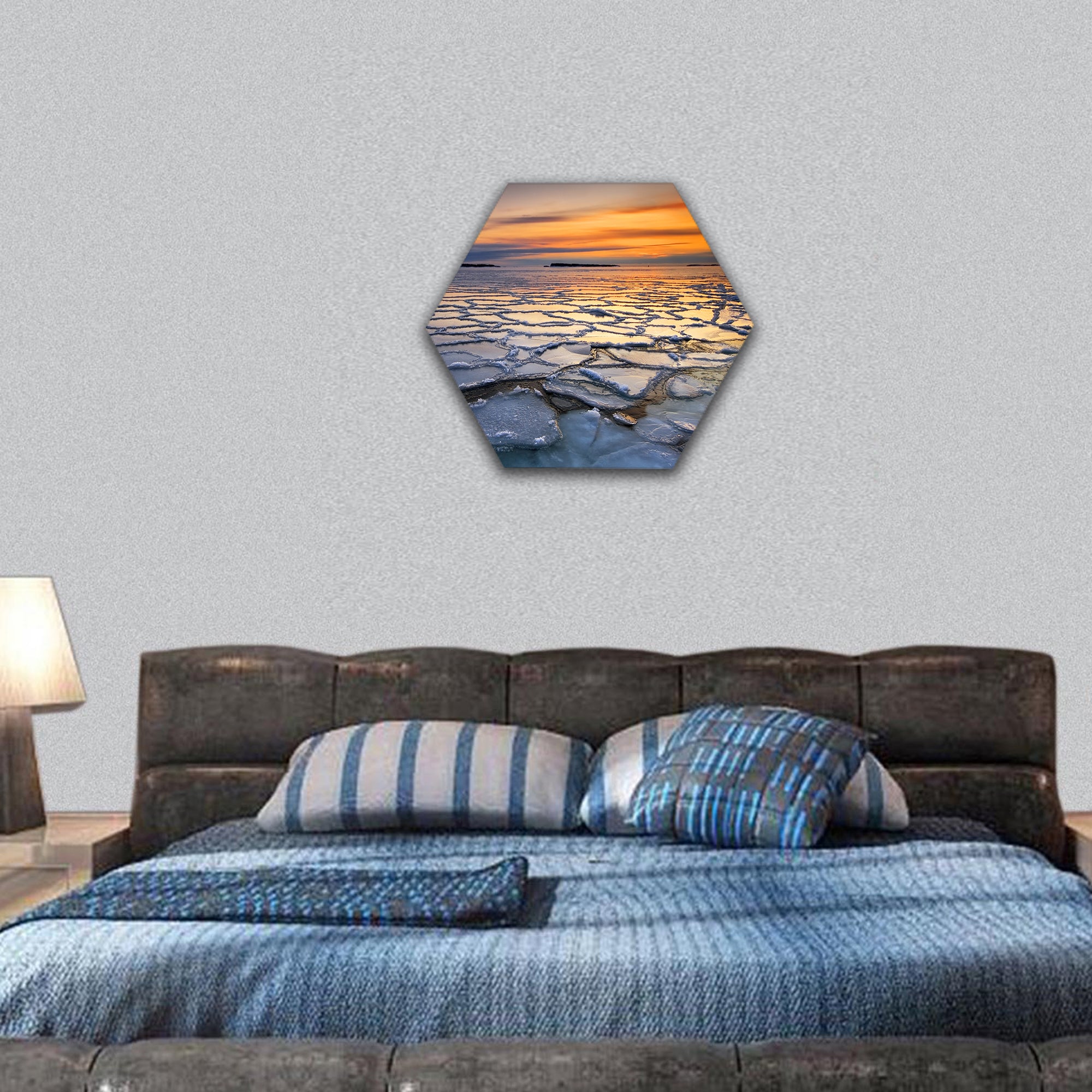 Morning dawn with frozen ice coast hexagonal canvas wall art