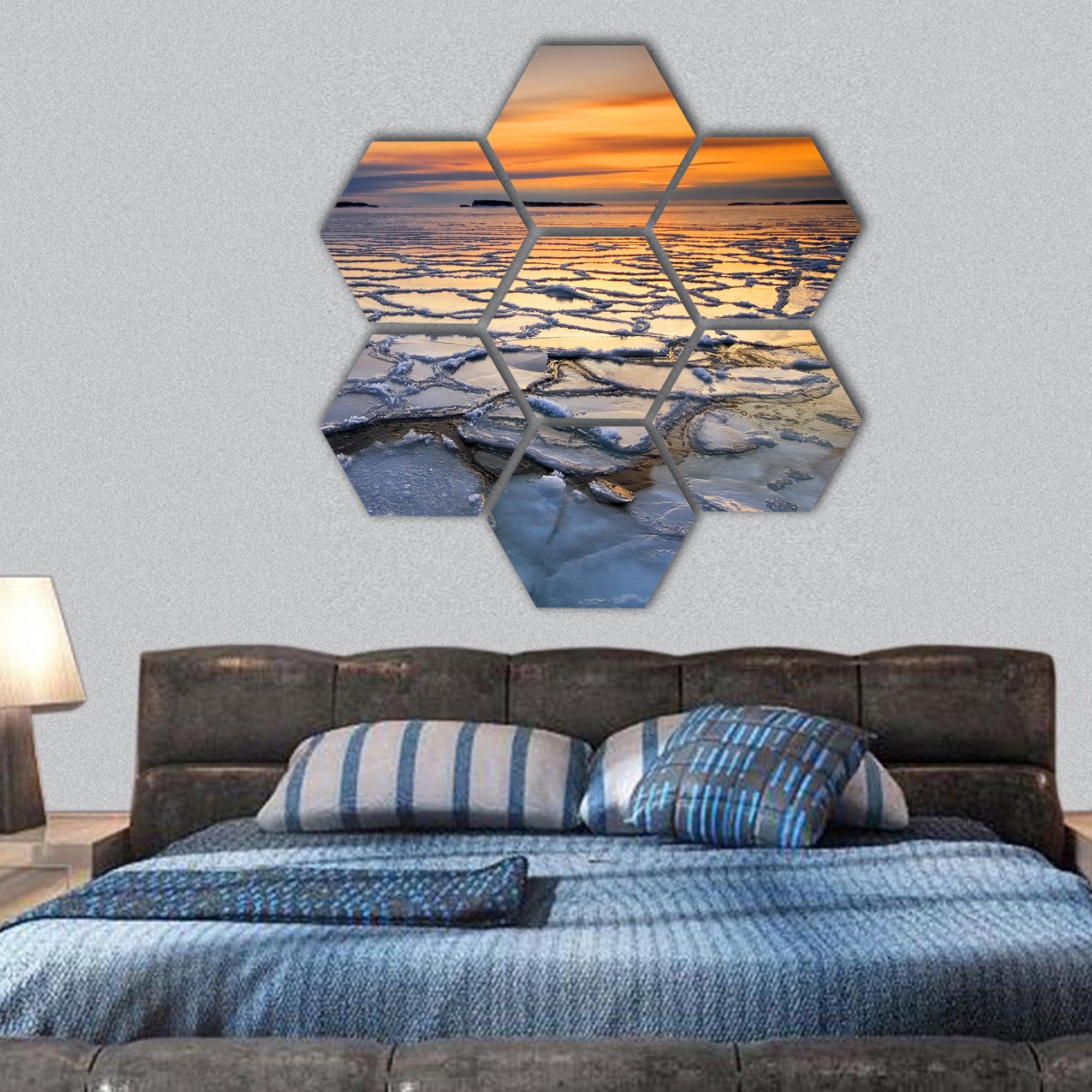 Morning dawn with frozen ice coast hexagonal canvas wall art