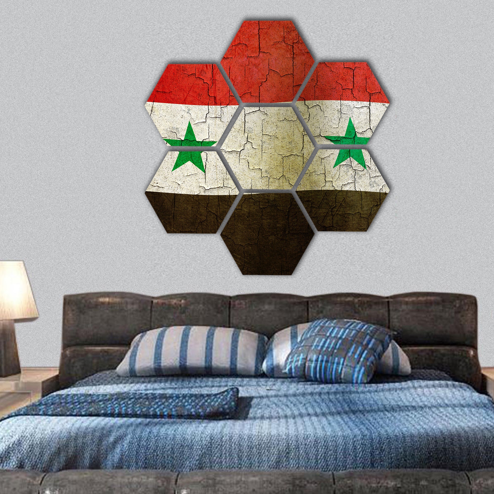 Syrian flag on a cracked grunge background hexagonal canvas wall art