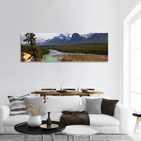 River flowing at the foot of the Canadian Rockies panoramic canvas wall art
