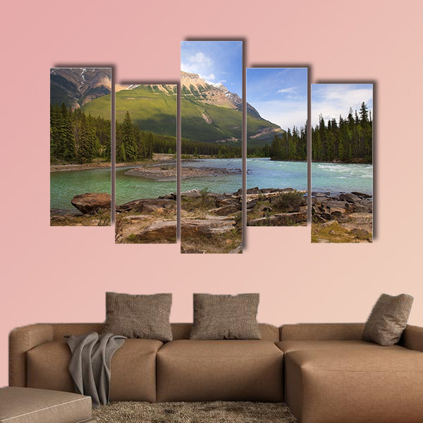The river flowing at the foot of the Canadian Rockies Multi panel canvas wall art