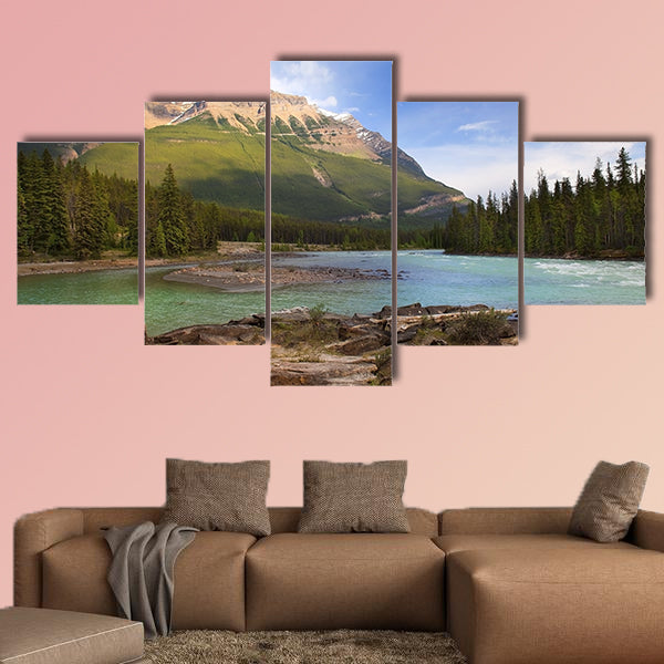 The river flowing at the foot of the Canadian Rockies Multi panel canvas wall art