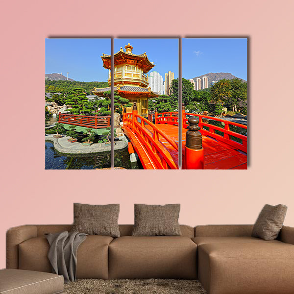  Gold pavilion in Chinese garden multi panel canvas wall art