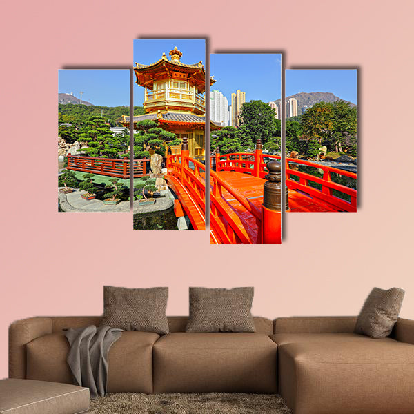  Gold pavilion in Chinese garden multi panel canvas wall art