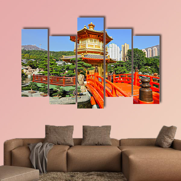  Gold pavilion in Chinese garden multi panel canvas wall art