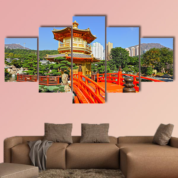  Gold pavilion in Chinese garden multi panel canvas wall art