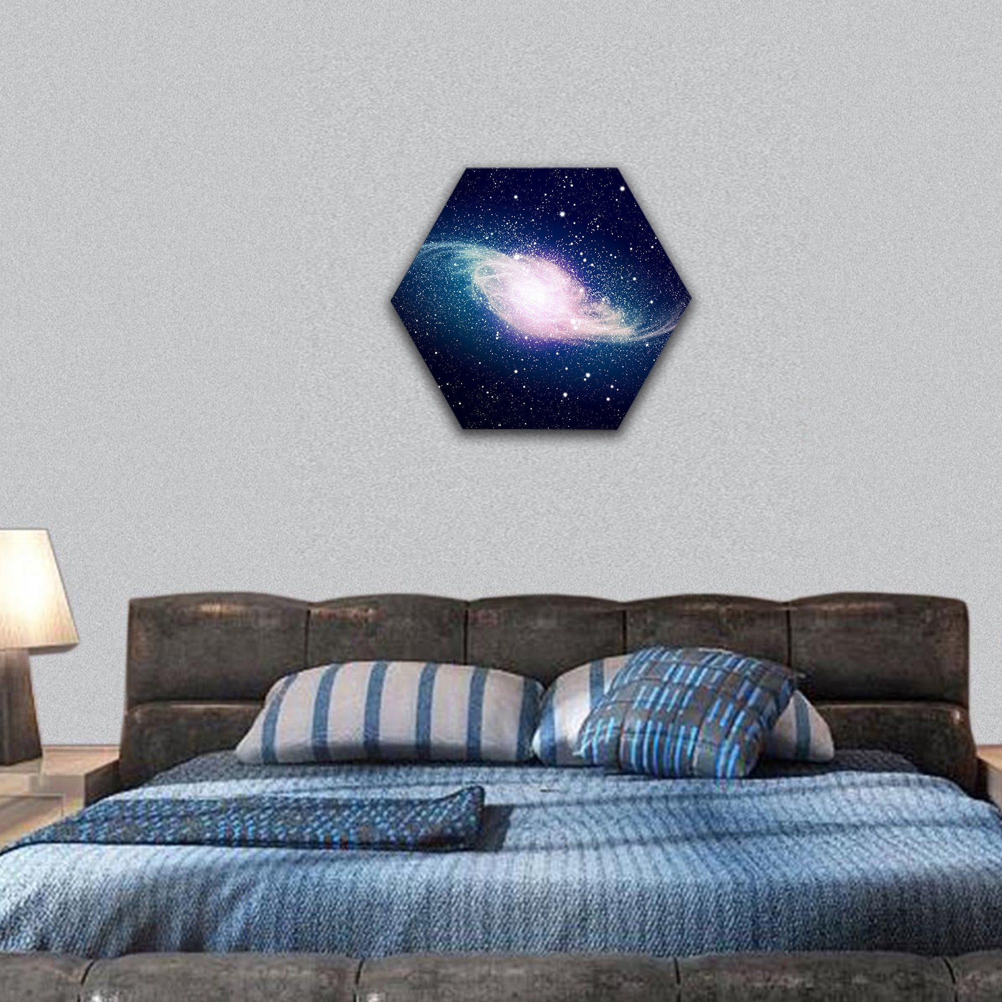 Glowing galaxy against black space and stars hexagonal canvas wall art