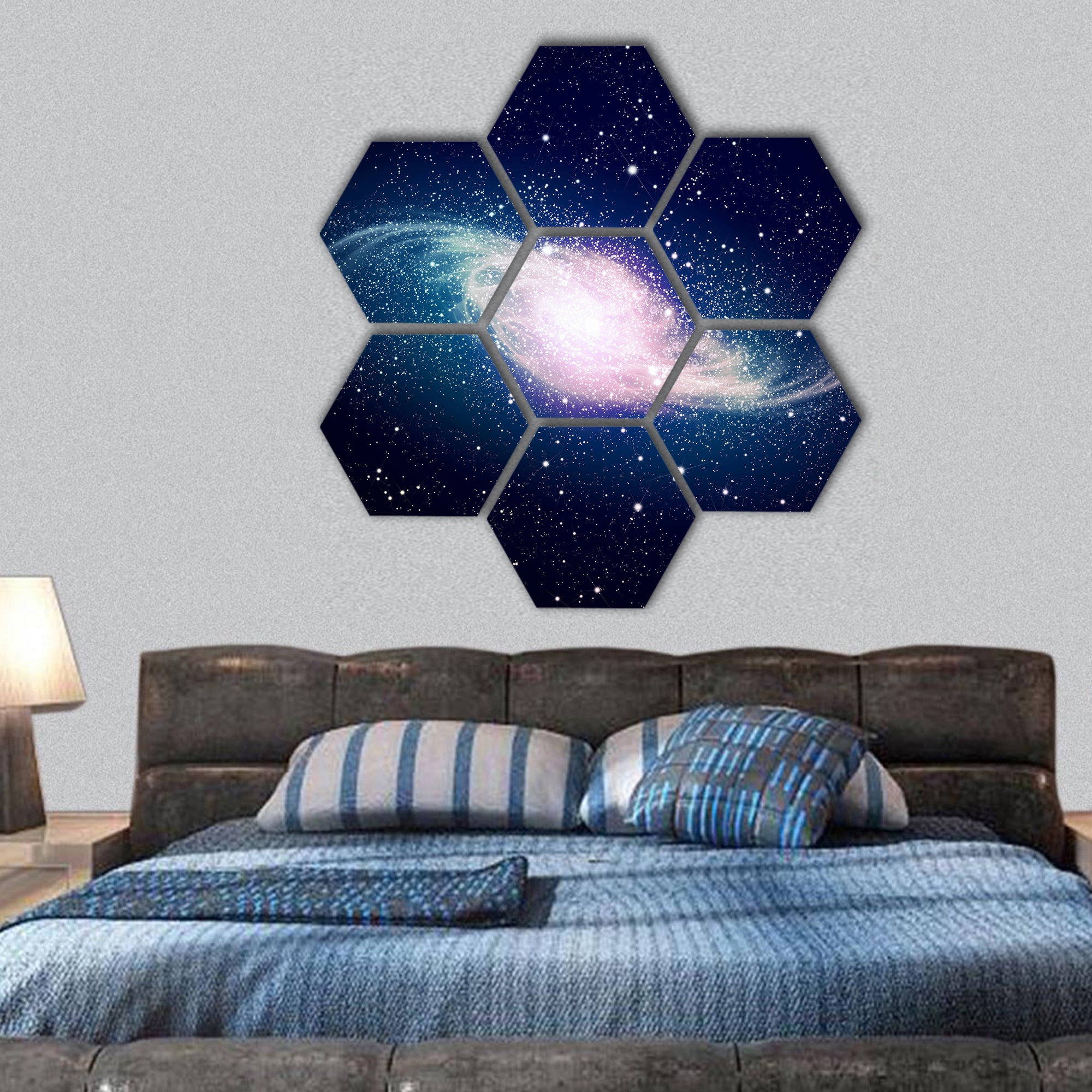 Glowing galaxy against black space and stars hexagonal canvas wall art