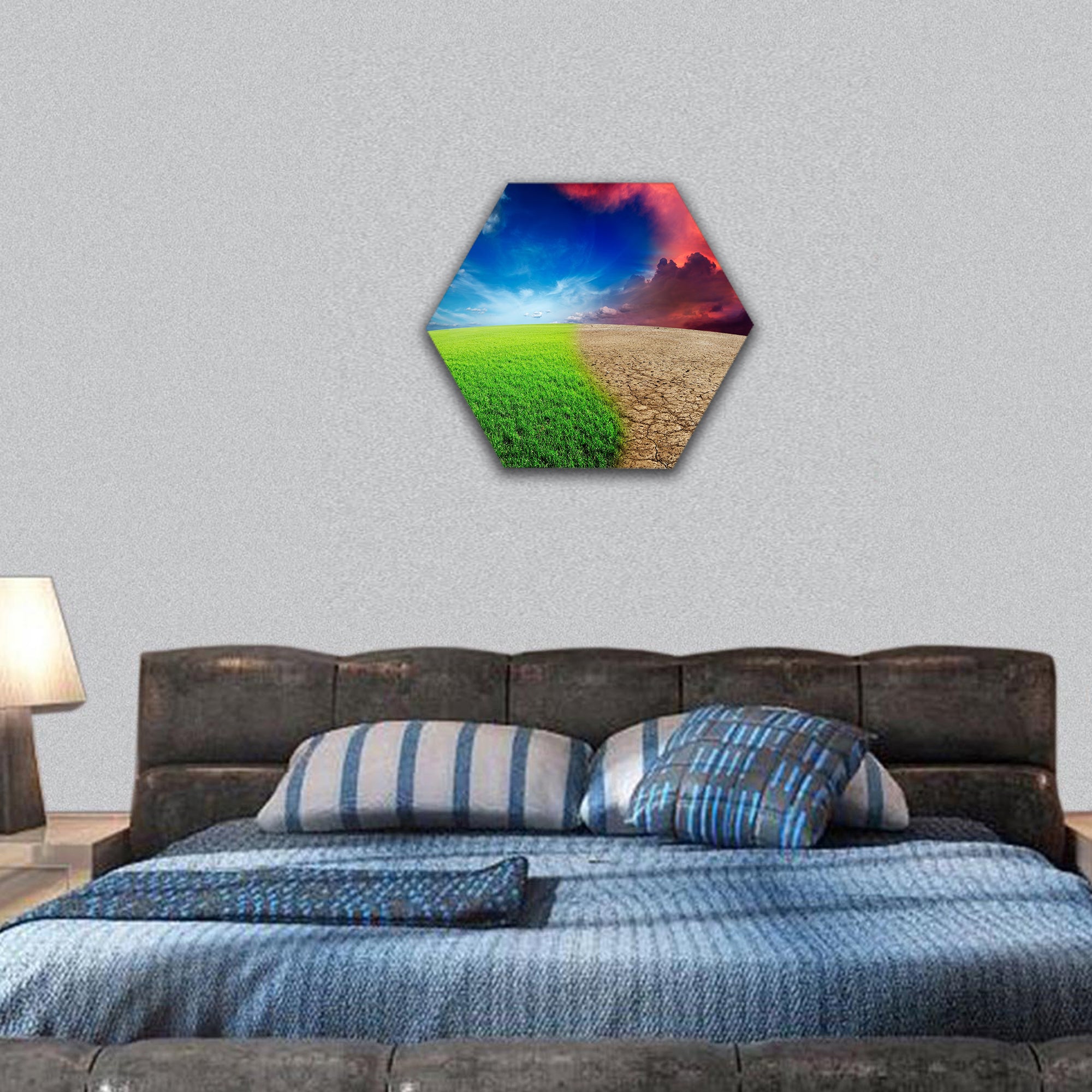 Ecology landscape climate change concept, desert invasion hexagonal canvas wall art