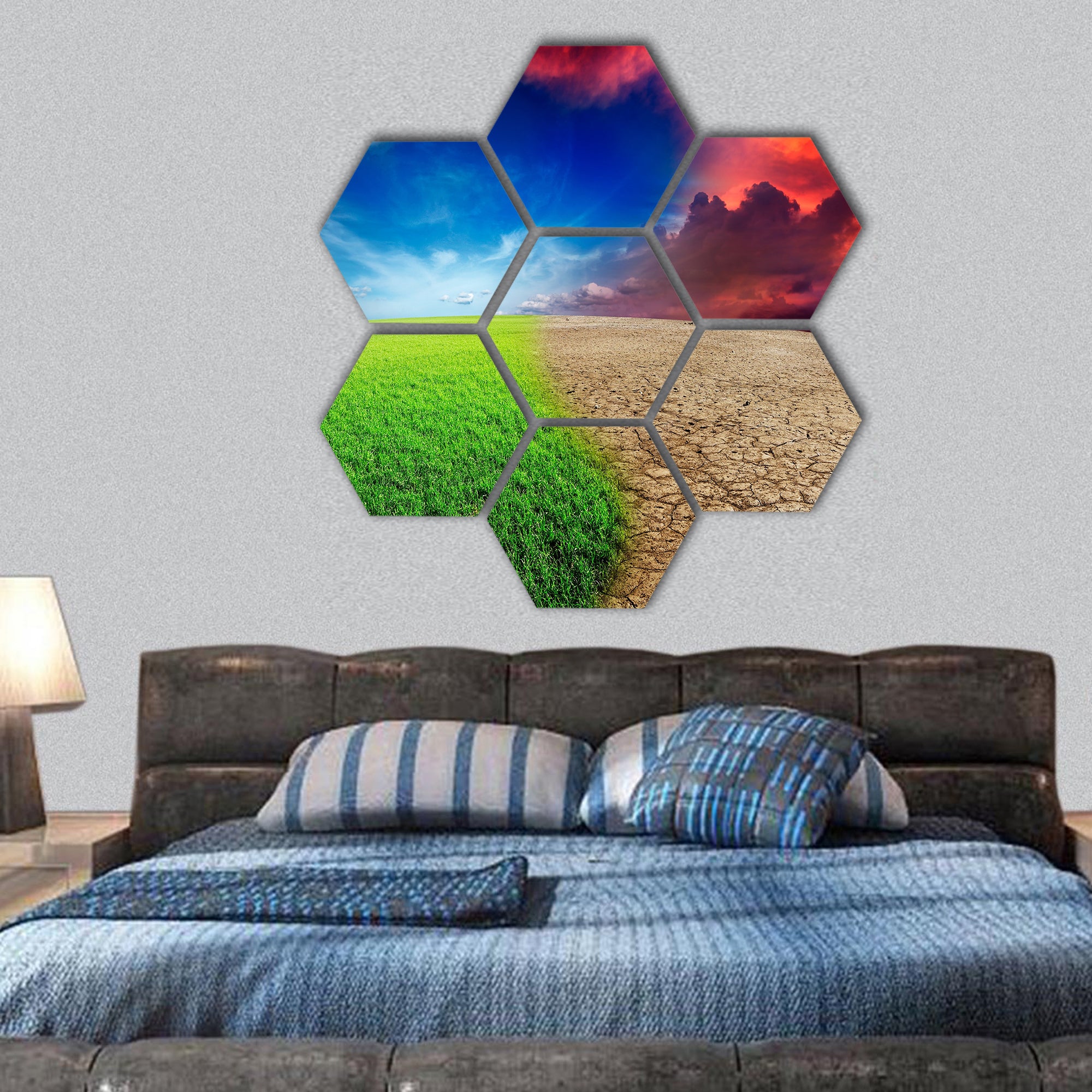 Ecology landscape climate change concept, desert invasion hexagonal canvas wall art