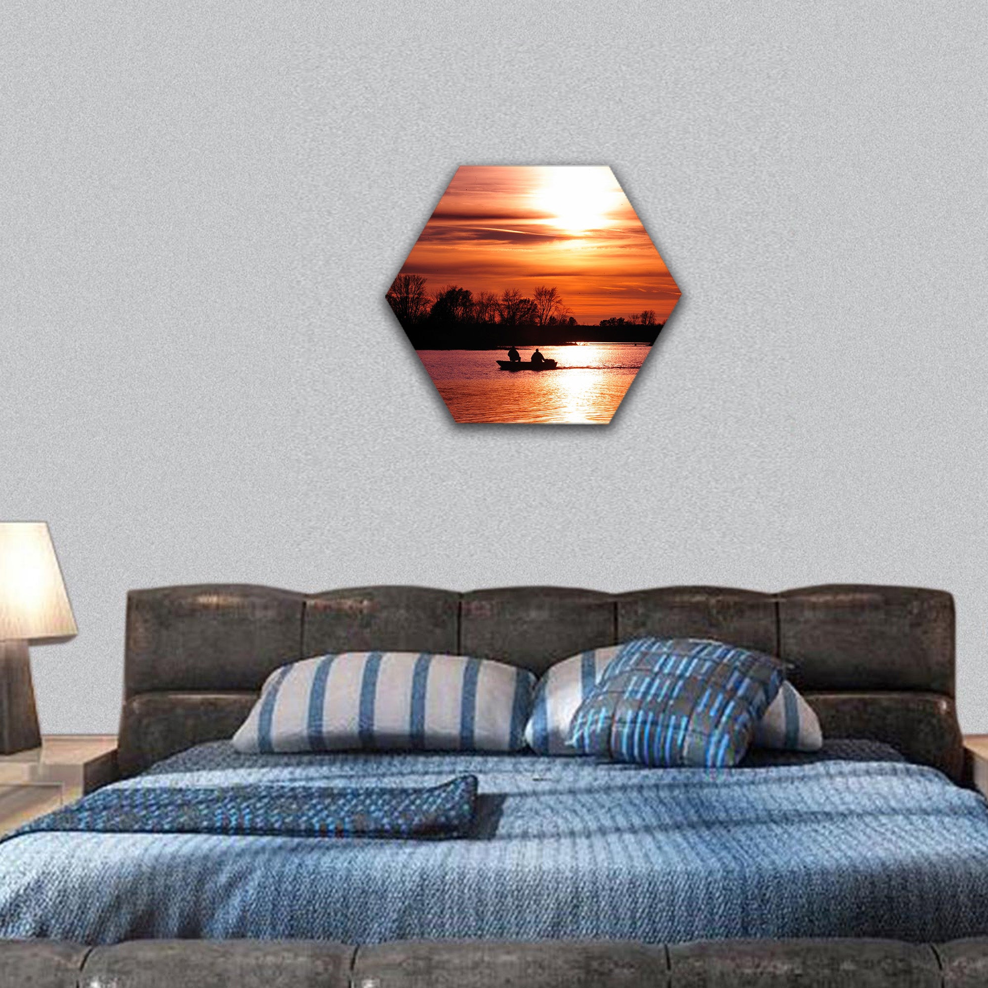 Fishing at Sunset on Waller hexagonal canvas wall art