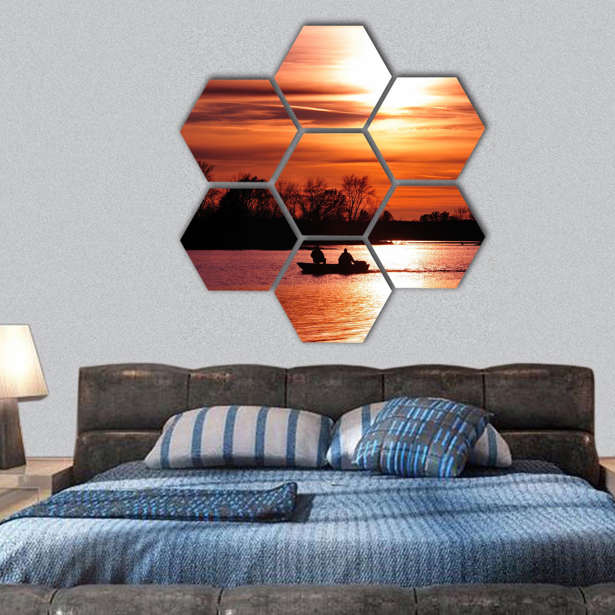 Fishing at Sunset on Waller hexagonal canvas wall art