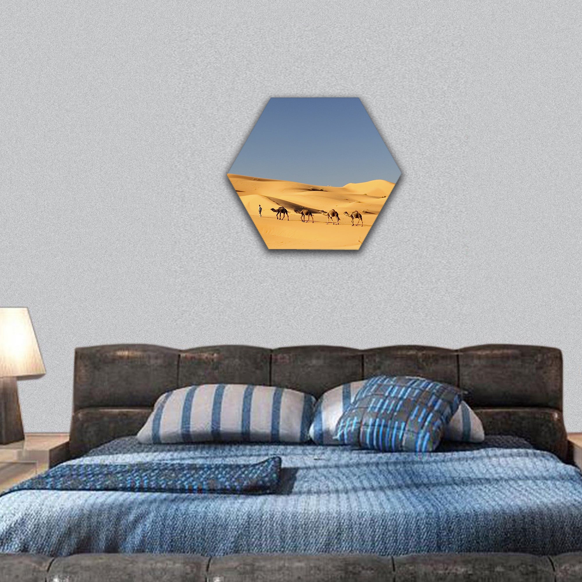 Camel caravan in the Sahara desert hexagonal canvas wall art