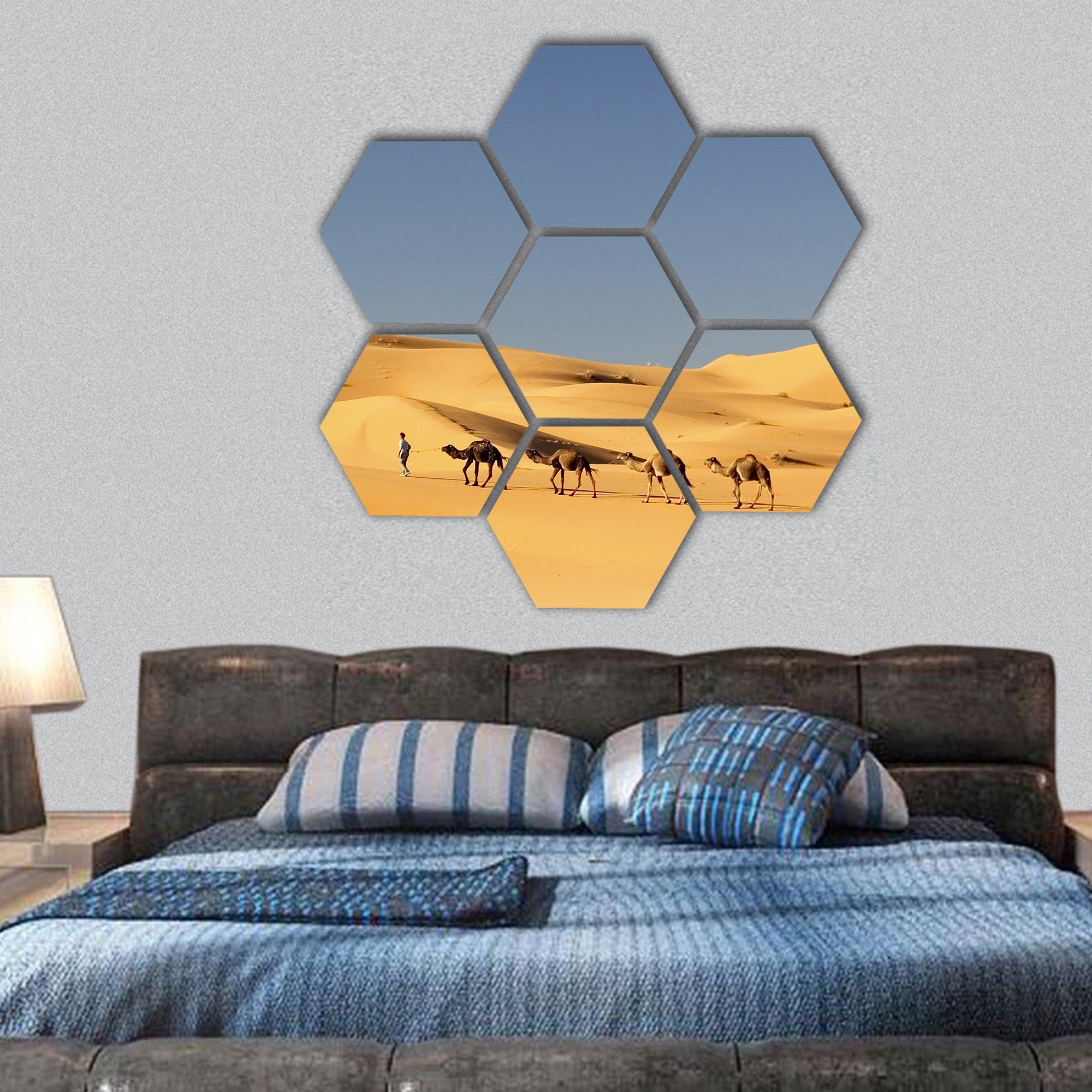 Camel caravan in the Sahara desert hexagonal canvas wall art