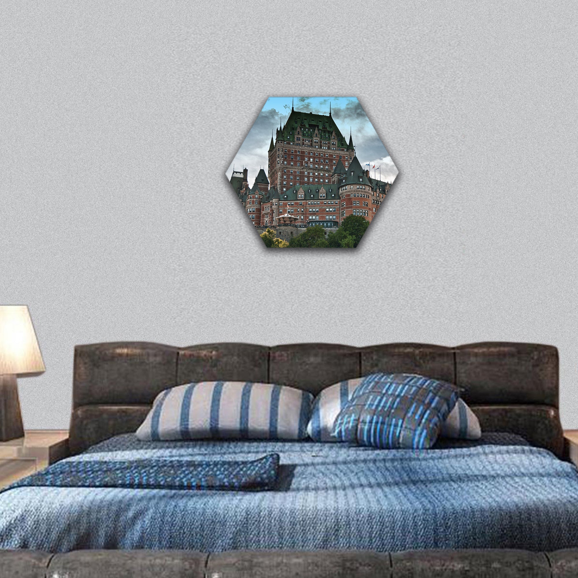 Majesty of Chateau de Frontenac, bottom view, Quebec City hexagonal canvas wall art