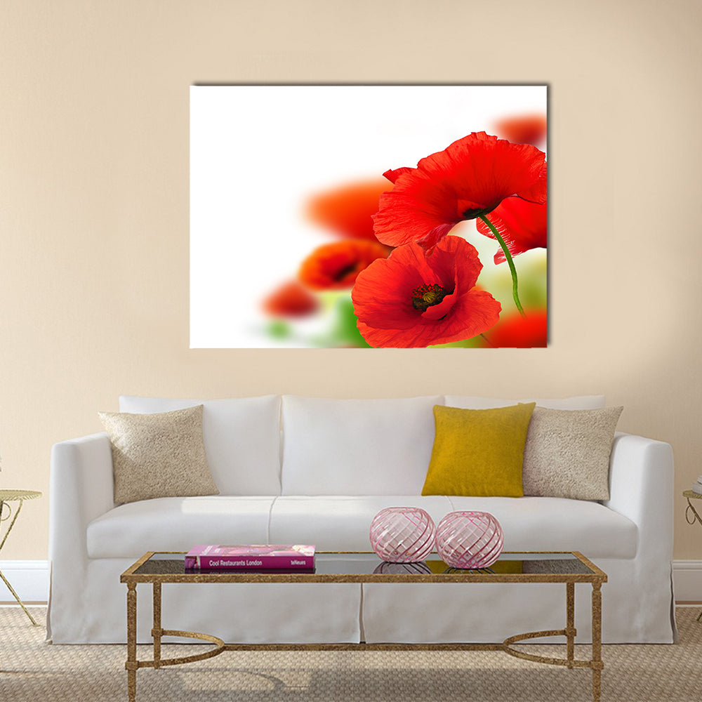 Poppies white background, green and red floral design Multi Panel Canvas Wall Art