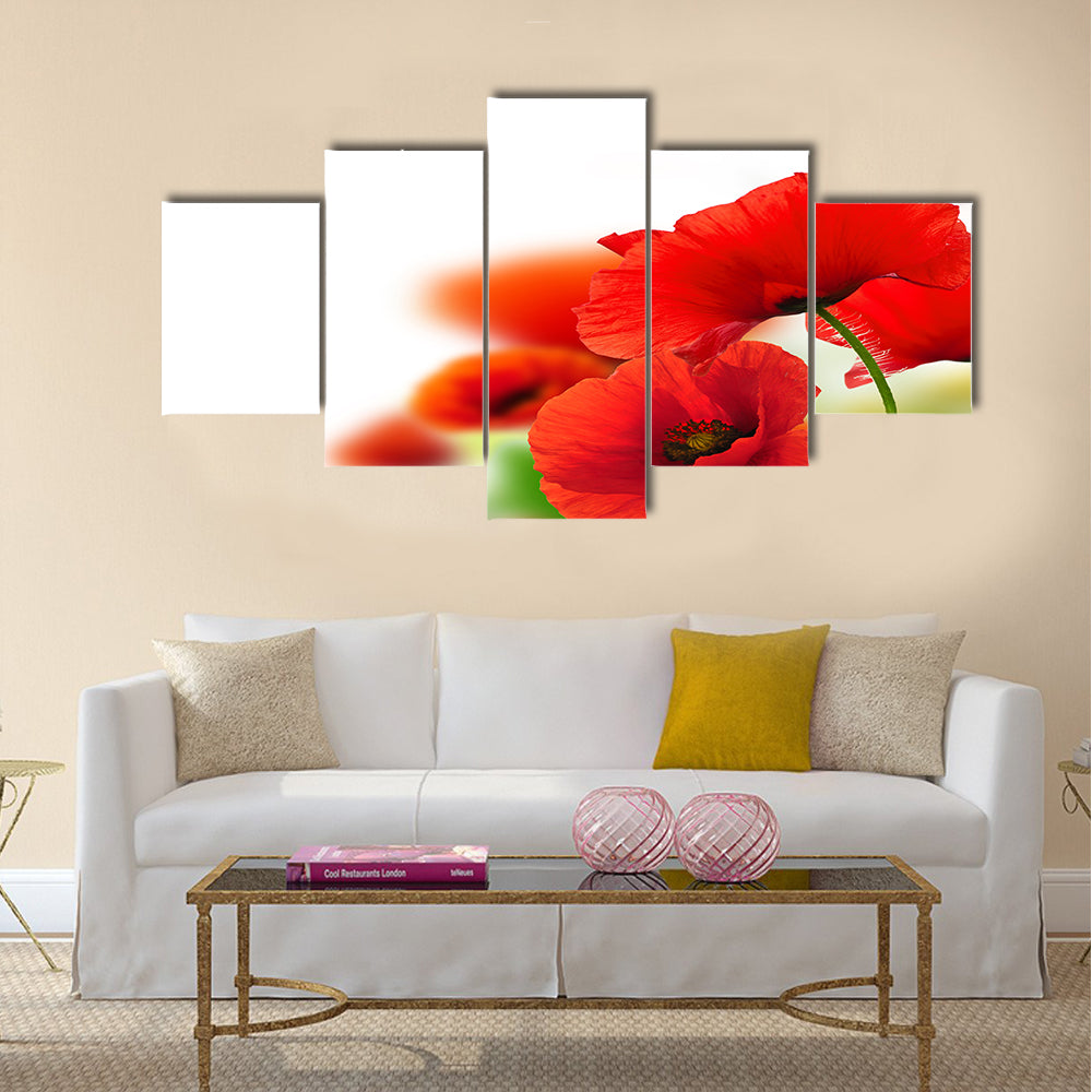 Poppies white background, green and red floral design Multi Panel Canvas Wall Art