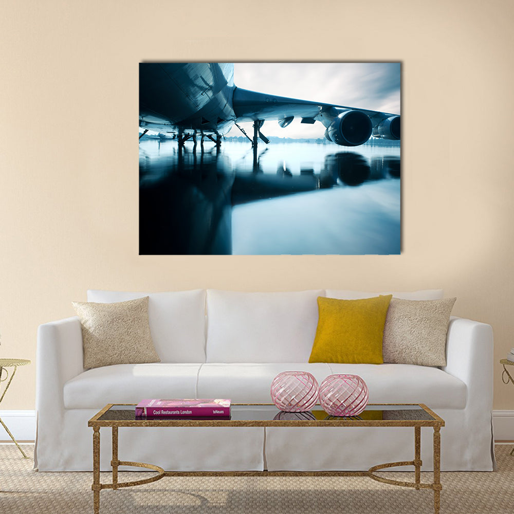 Airplane over water in the Thailand flooding at Donmaung International Airport multi panel canvas wall art
