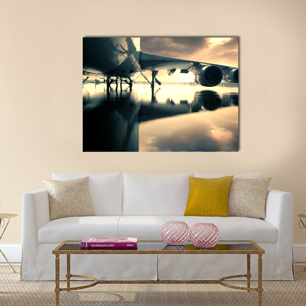 Big Airplane over water in the Thailand flooding at Donmaung International Airport multi panel canvas wall art