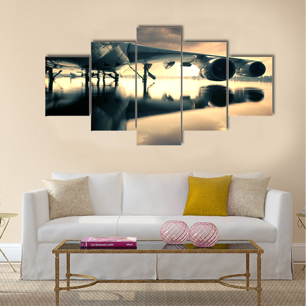 Big Airplane over water in the Thailand flooding at Donmaung International Airport multi panel canvas wall art