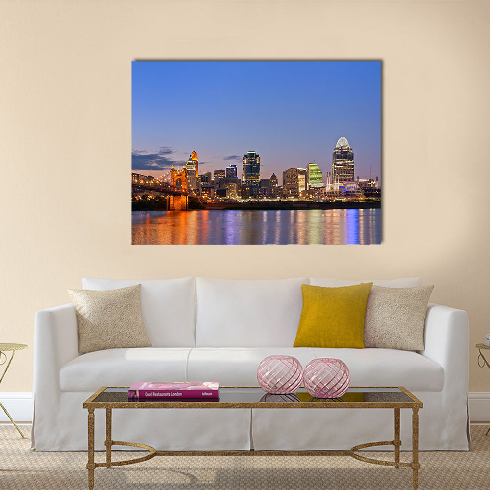 The Cincinnati Skyline, Roebling Suspension Bridge At Twilight Multi Panel Canvas Wall Art