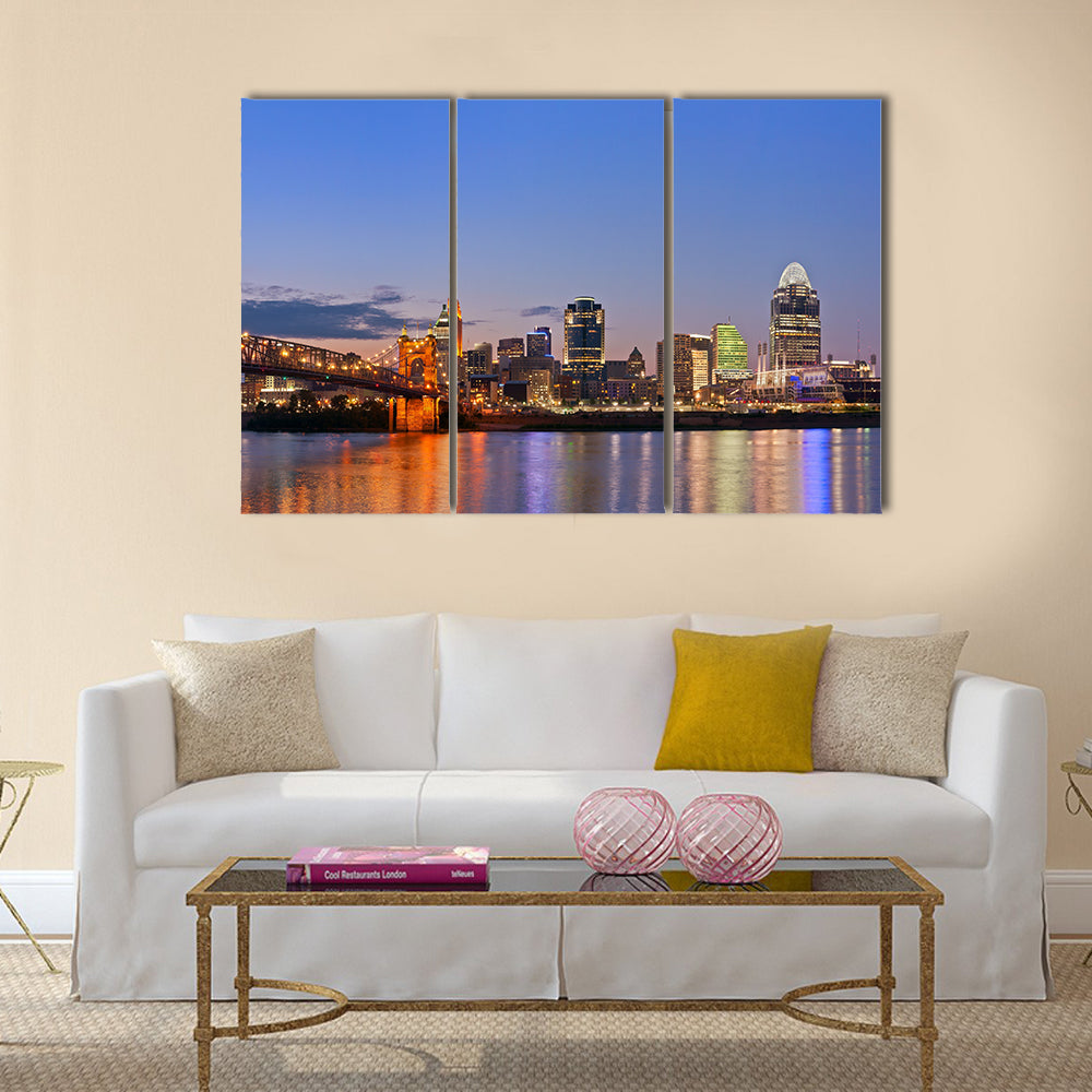 The Cincinnati Skyline, Roebling Suspension Bridge At Twilight Multi Panel Canvas Wall Art