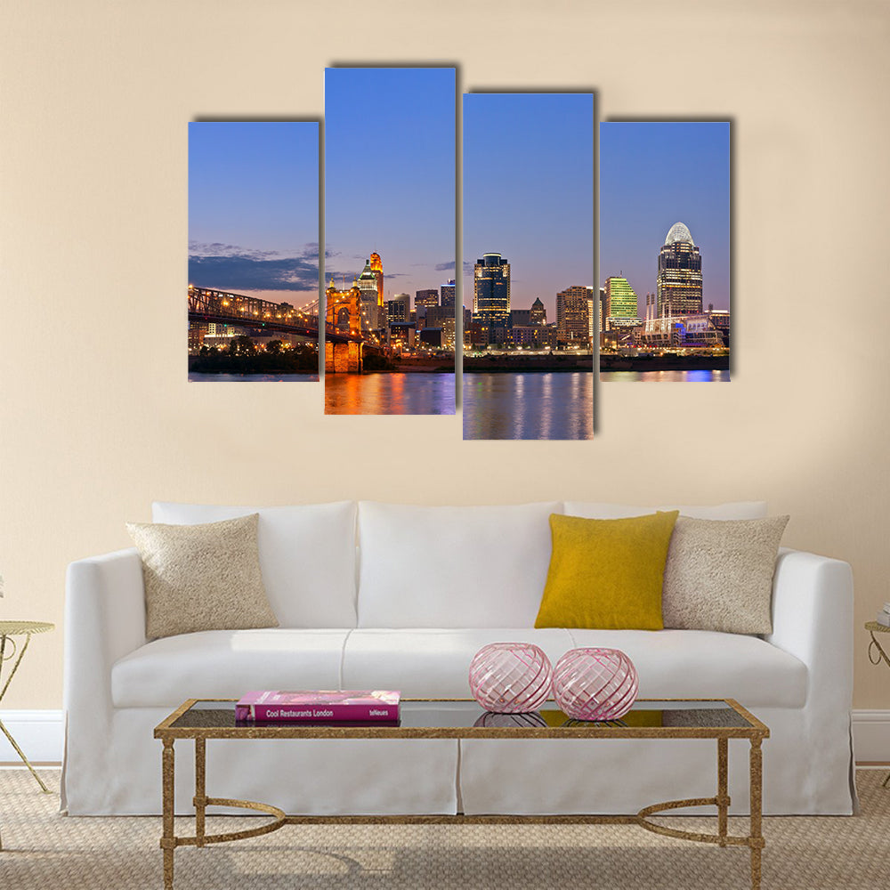 The Cincinnati Skyline, Roebling Suspension Bridge At Twilight Multi Panel Canvas Wall Art